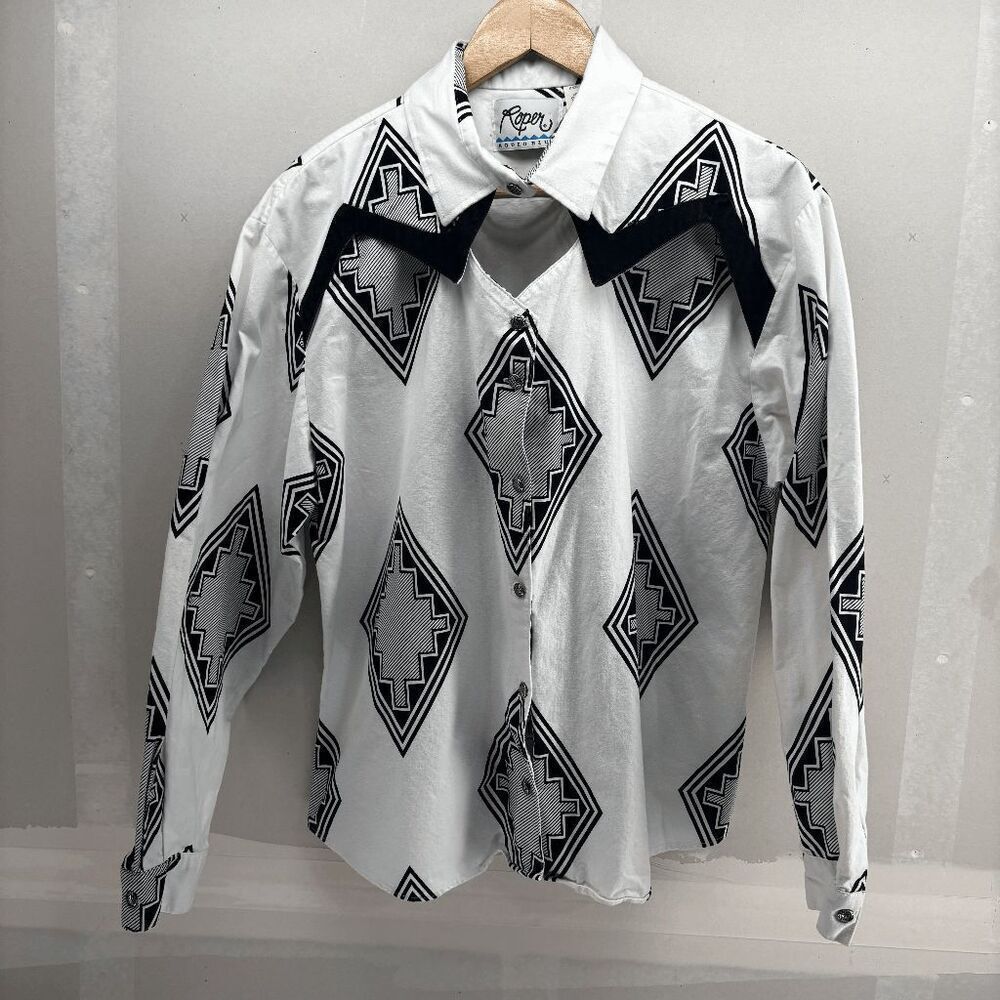 Vintage Roper Rodeo Blue Womens Size Large Black White Aztec Southwestern Shirt